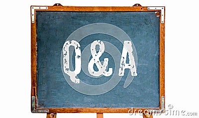 Q&A, acronym for â€œQuestions and Answersâ€ white text written on a blue old grungy vintage wooden chalkboard or blackboard stand Stock Photo